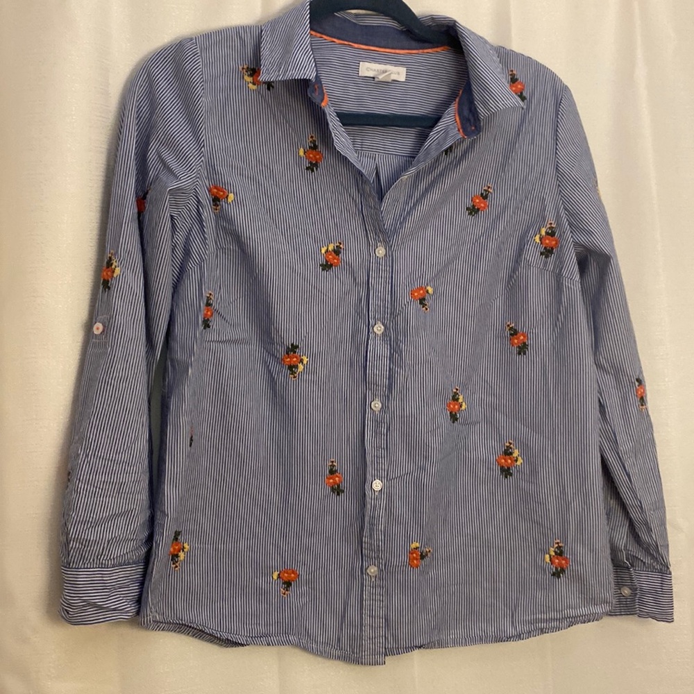Striped Charter Club floral embroidered button down blouse